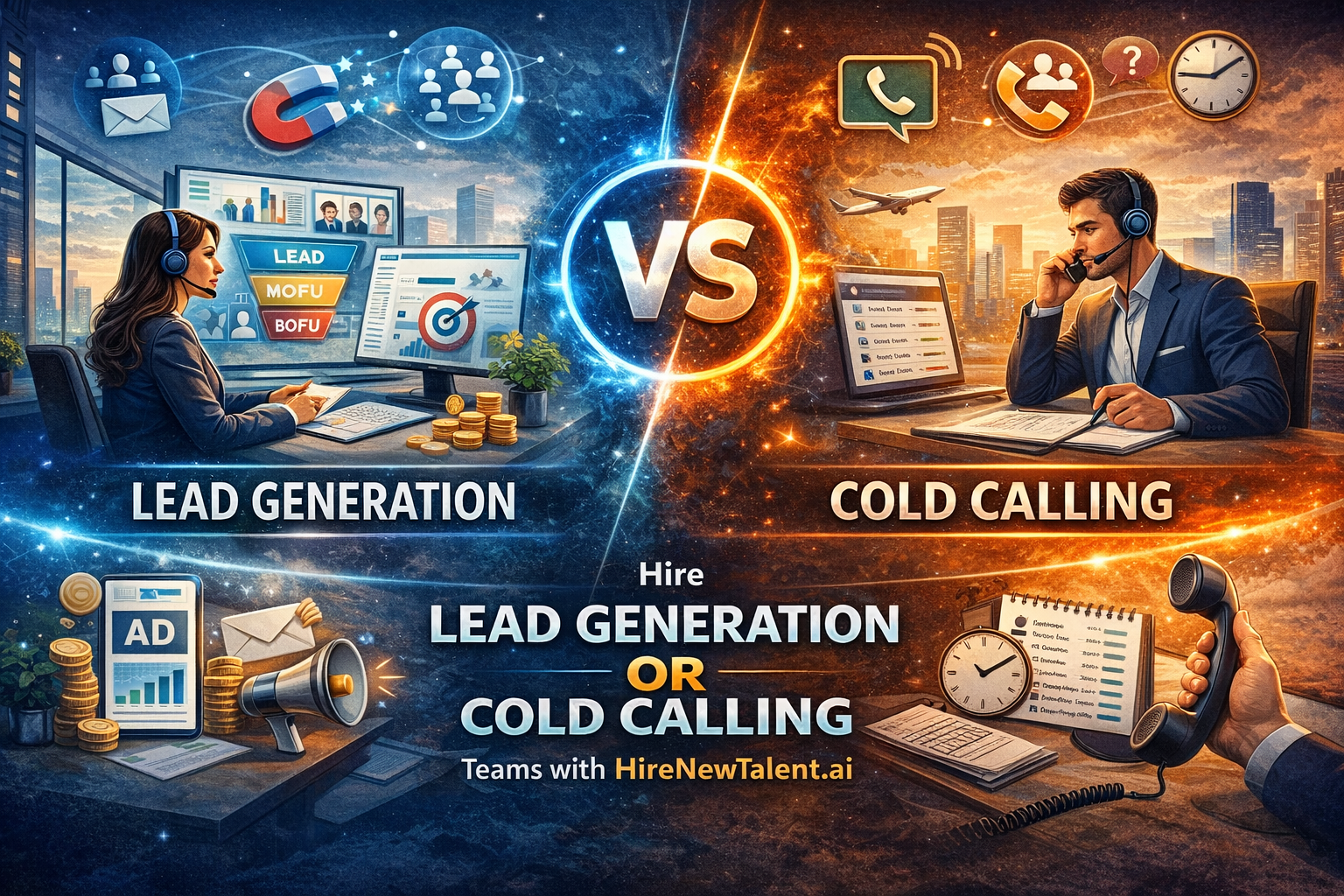 A split picture showing a lead generation expert working on a computer facing a cold caller.
