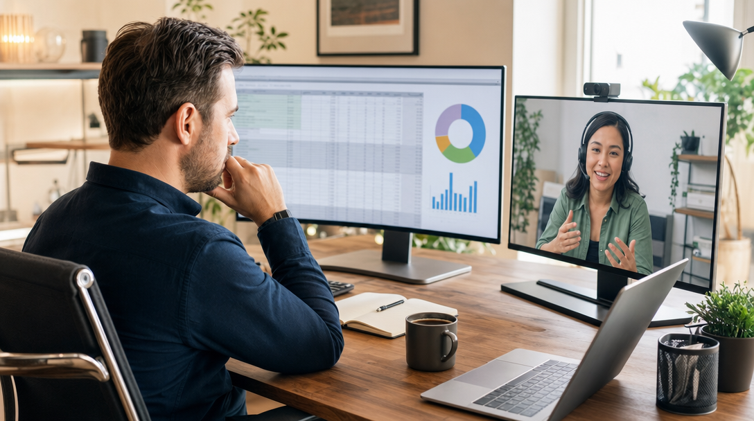 Marketing agency owner reviewing a time-tracking spreadsheet showing 22 hours per week of internal admin work, with an offshore VA visible on a second monitor during a Slack video call