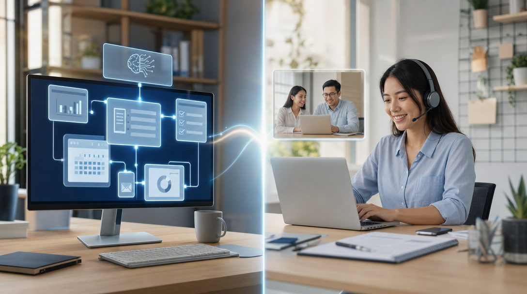 Side-by-side illustration of an AI agent workflow dashboard and a virtual assistant working at a desk, representing the choice between automation and human intelligence
