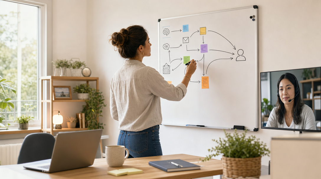 Business owner mapping task routing between AI tools and a virtual assistant on a whiteboard