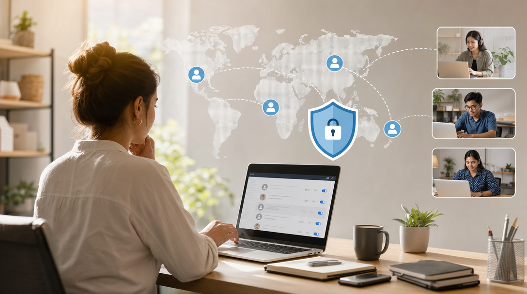 A small business owner reviewing access permissions on a laptop, with a world map showing offshore contractor locations and a security shield overlay — representing data privacy for offshore virtual assistant hiring.