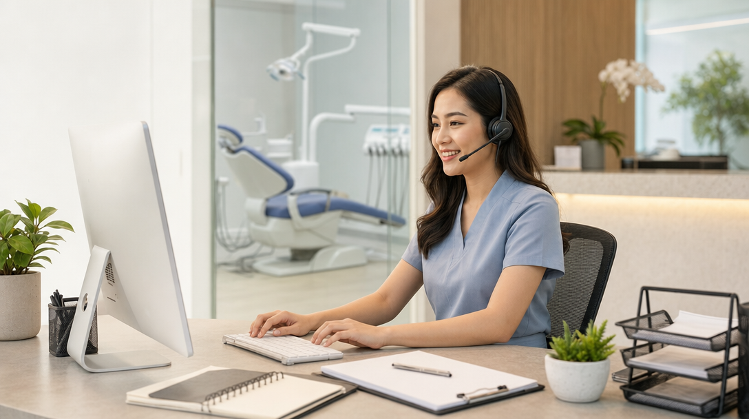 A dental office front desk area with a modern computer setup, representing remote virtual receptionist services for dental practices