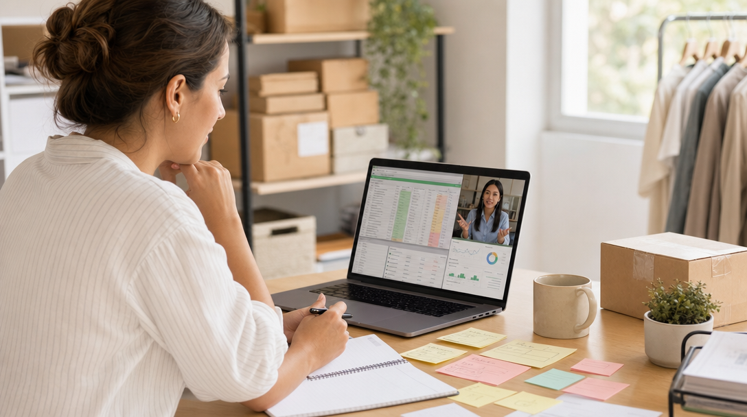 An ecommerce operator reviewing a task audit spreadsheet with a VA on a video call — laptop showing Shopify dashboard, sticky notes showing task prioritization framework