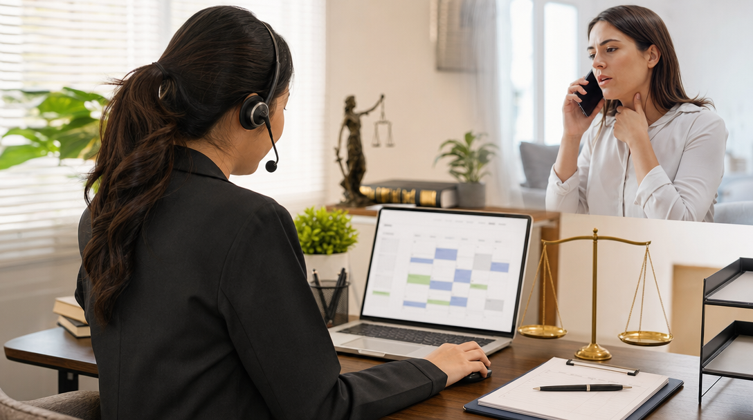 A law firm reception desk with a laptop showing a virtual scheduling calendar and a phone headset, representing a remote virtual receptionist managing client calls for a small law firm