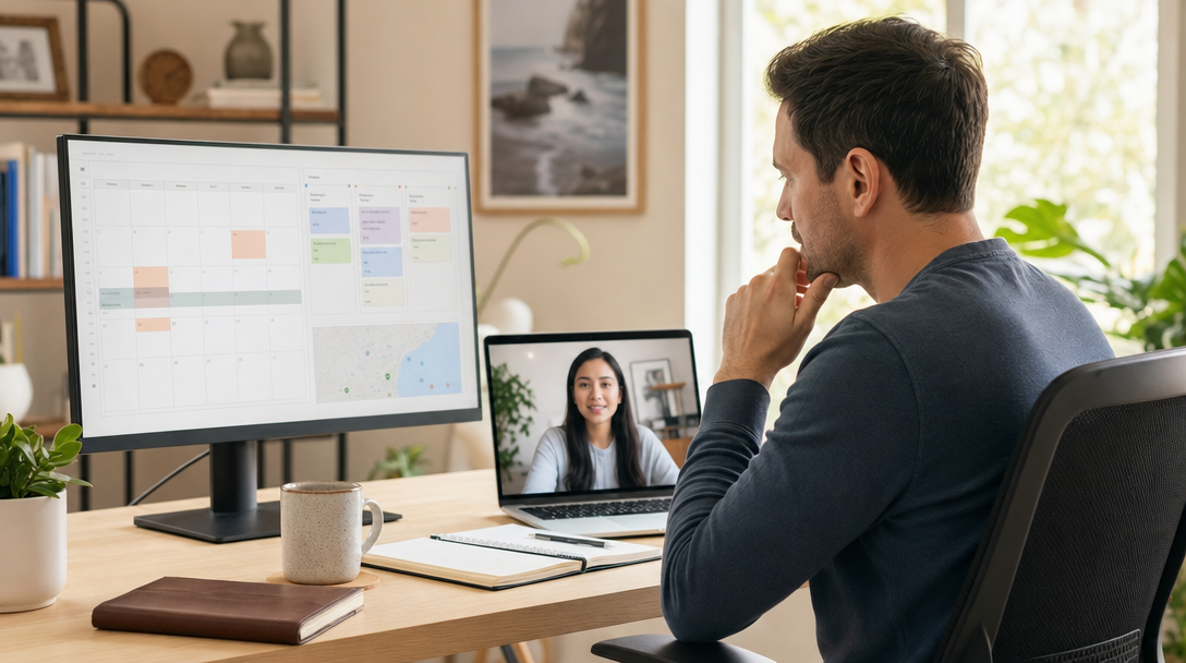 A US business owner reviewing a shared scheduling calendar and async task board with their offshore VA, warm natural office light, laptop and coffee on desk