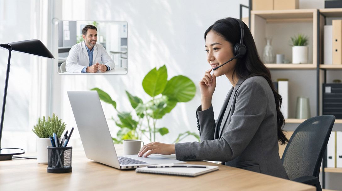 A professional offshore virtual receptionist managing a medical practice's phone calls and appointment scheduling from a modern home office setup