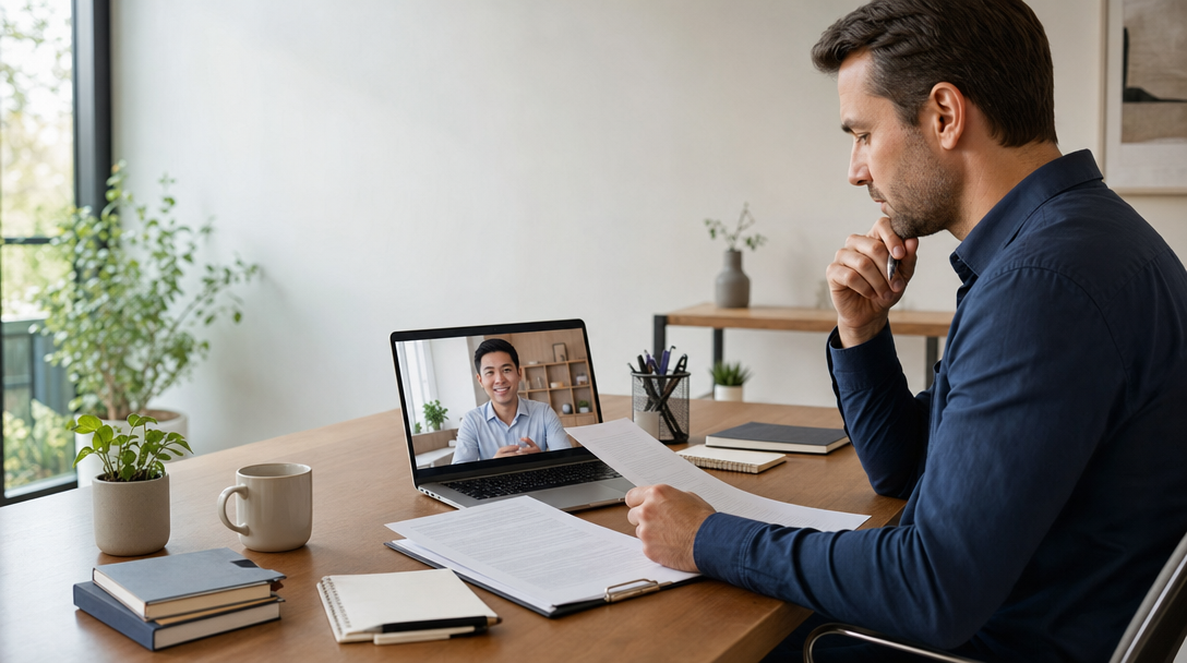 A business owner reviewing legal documents at a desk with a laptop showing a video call with a remote offshore contractor, representing offshore contractor IP protection.