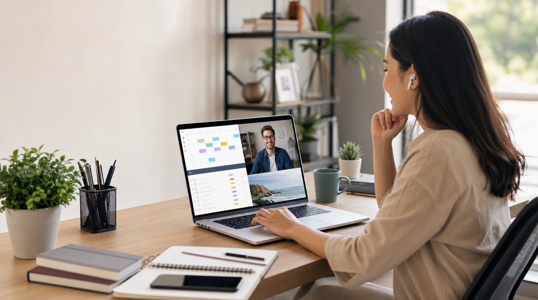 A well-organized modern home office showing a laptop with calendar and task management apps open, representing an offshore executive assistant coordinating a startup founder's schedule