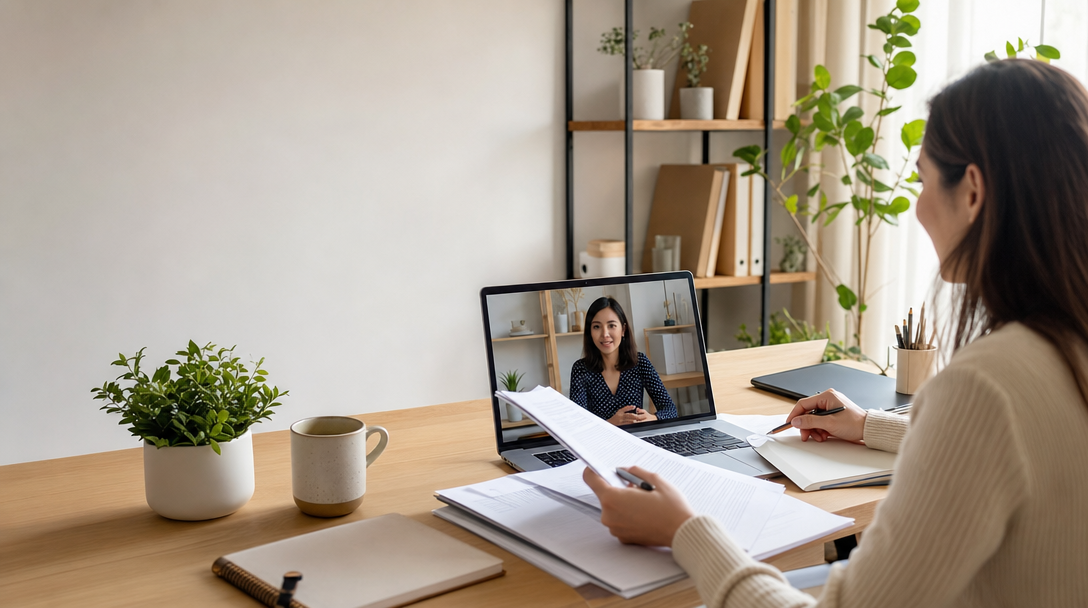 An ecommerce business owner reviewing data privacy documents for offshore contractors, with a laptop showing a Shopify dashboard and a remote VA on a video call