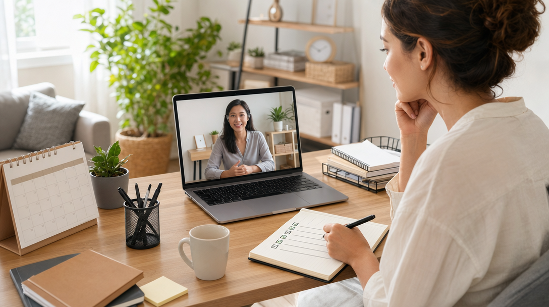 A solopreneur at a laptop reviewing an onboarding checklist while video-calling a virtual assistant