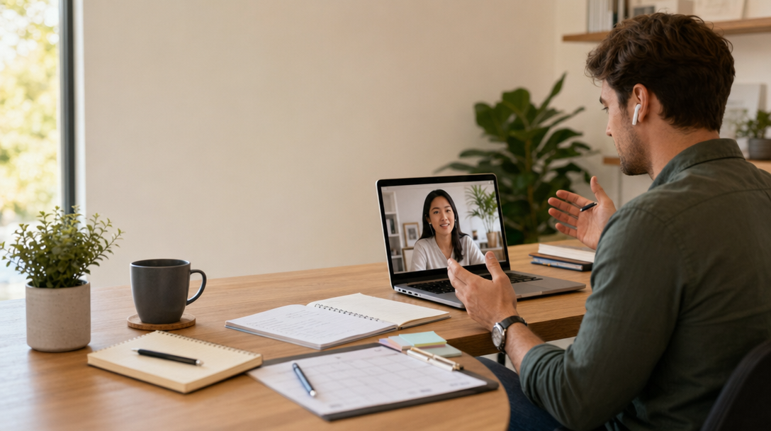 A founder's desk with a 30-day calendar, checklist, and laptop showing a video call with a remote virtual assistant