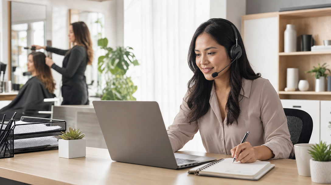 A professional remote virtual receptionist managing calls and appointment bookings for a busy hair salon from a modern home office