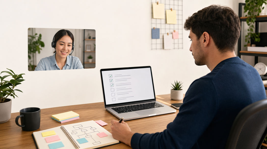 A solopreneur at a clean desk reviewing a task checklist on a laptop, with sticky notes and a notebook showing a delegation workflow — remote collaboration cues visible in background
