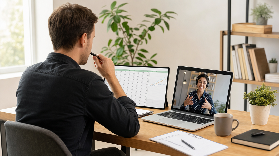 Startup founder at a clean desk reviewing cost spreadsheet, with a remote VA visible on a laptop screen during a video call, natural light, editorial feel
