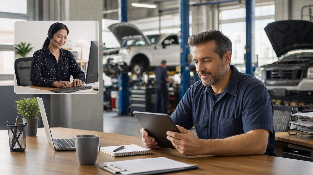Auto repair shop owner at a desk reviewing a tablet, with a well-lit service bay visible behind them showing vehicles being worked on