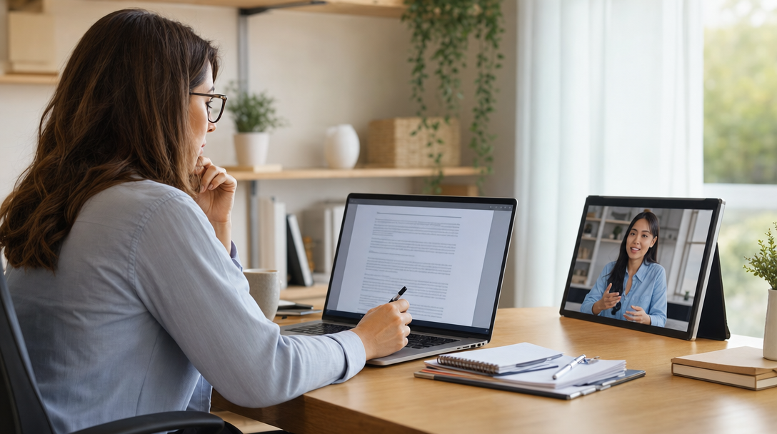 Agency owner reviewing a virtual assistant confidentiality agreement on a laptop, with a second screen showing a remote VA on a video call, representing offshore VA NDA and client data protection.