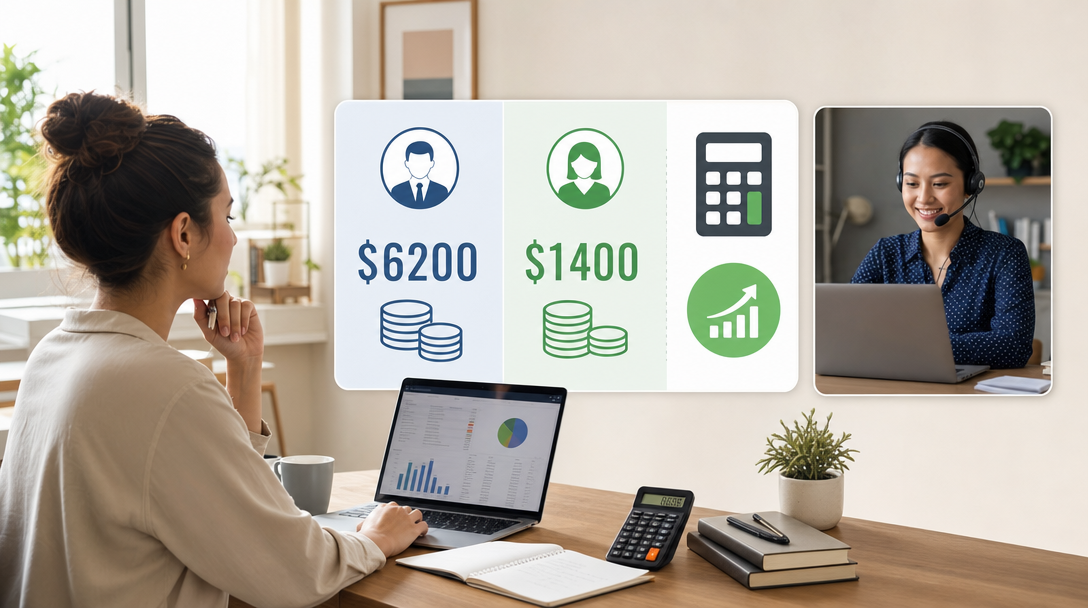 Side-by-side cost comparison chart showing a US in-house employee at dollar 6200 per month versus an offshore virtual assistant at dollar 1400 per month, with a calculator icon and savings figure highlighted