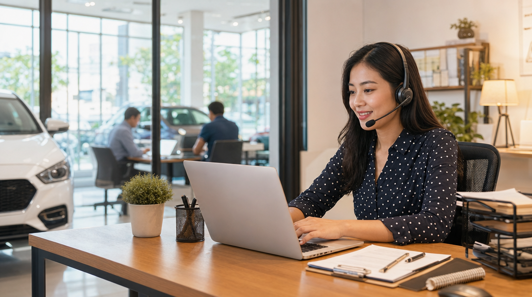 Modern car dealership operations center with a remote virtual assistant handling calls and CRM work on a laptop, warm professional lighting