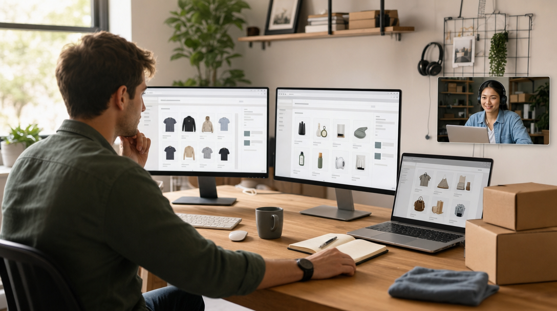 An ecommerce operator at a desk surrounded by multiple browser tabs showing Shopify, Amazon Seller Central, and Etsy — illustrating channel sprawl that a virtual assistant could manage.