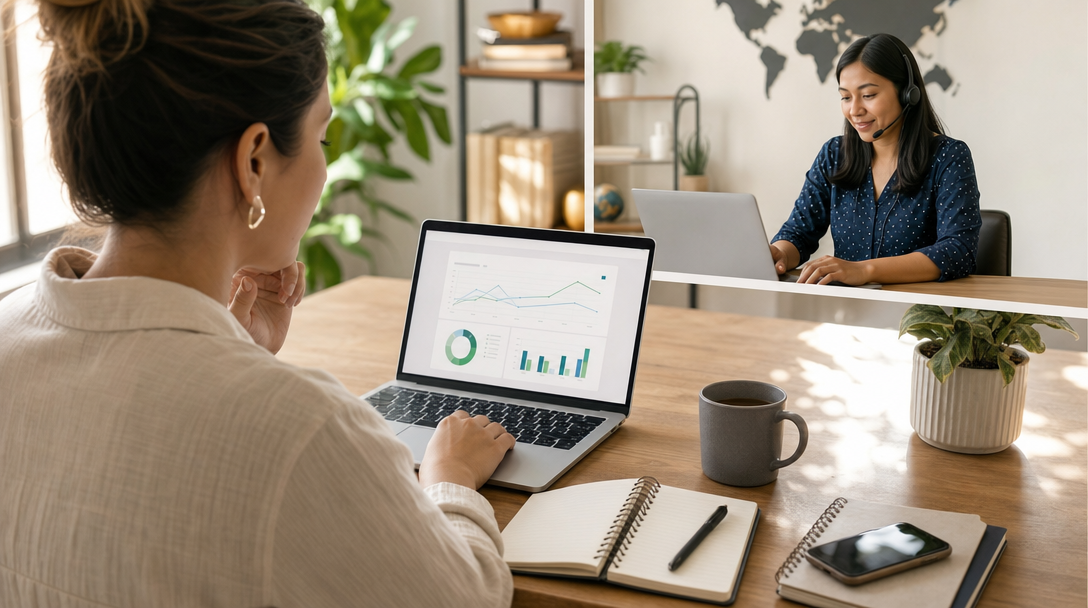 An ecommerce business owner reviewing email campaign reports on a laptop while an offshore email marketing virtual assistant manages campaign scheduling and list segmentation remotely