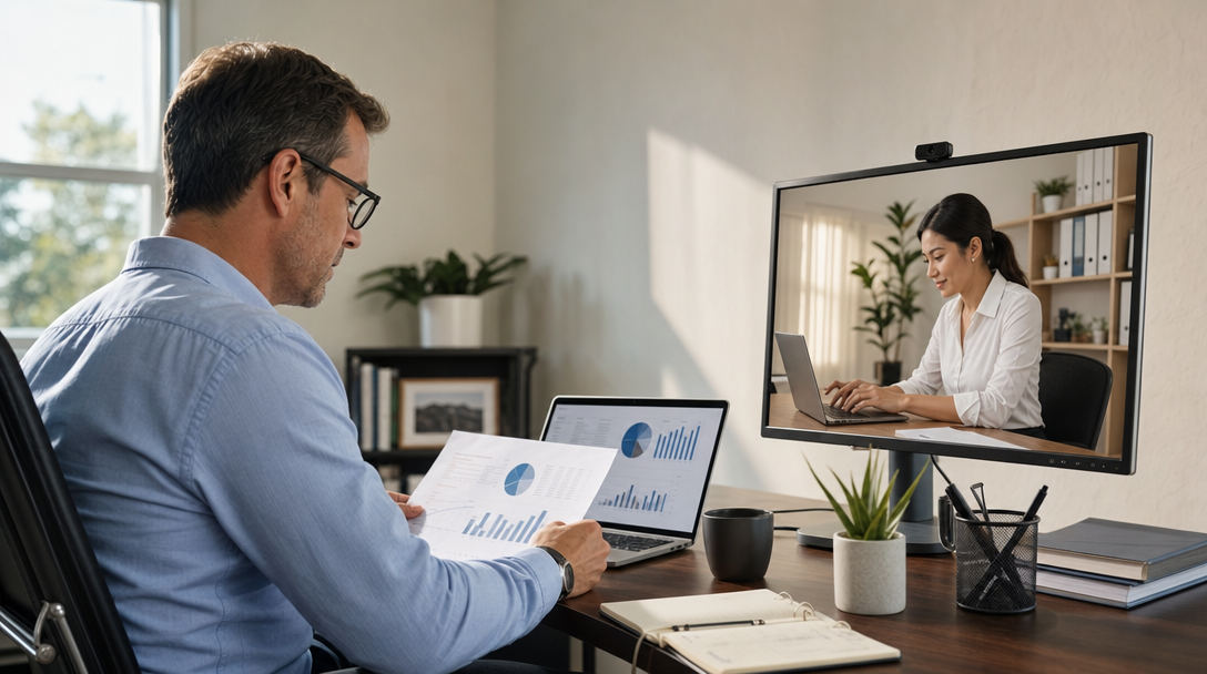 A financial advisor reviewing client portfolios at a desk while a virtual assistant manages scheduling and CRM updates on a second screen remotely