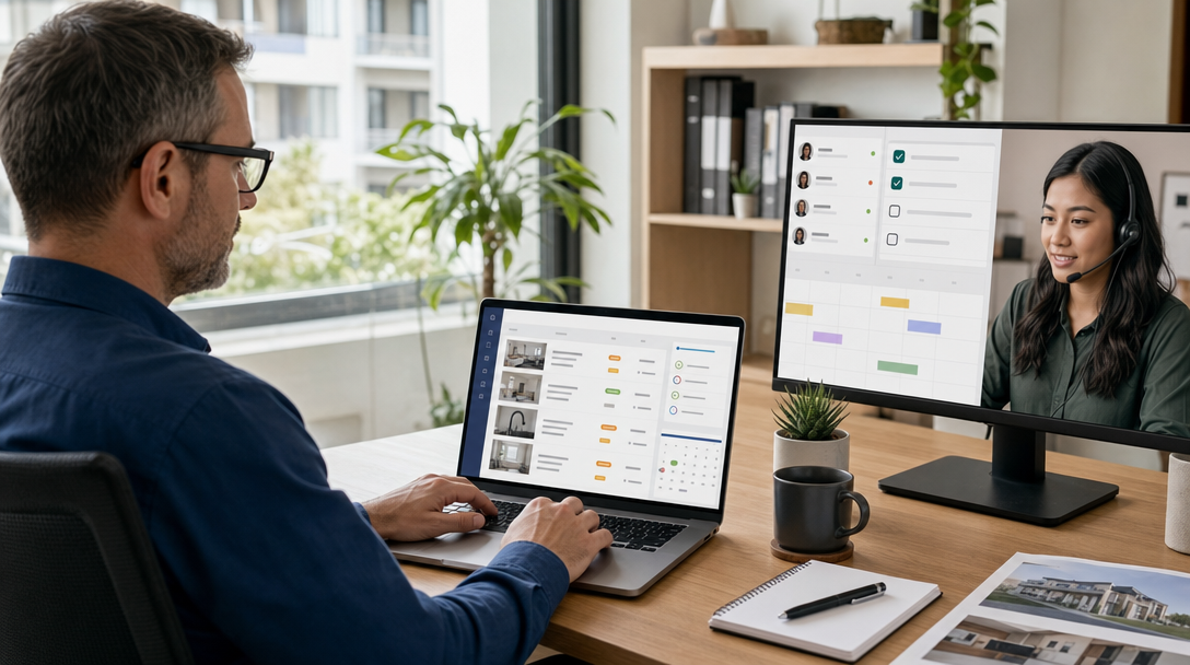 Property manager reviewing maintenance tickets on a laptop at a modern desk, with a virtual assistant dashboard visible on a second screen