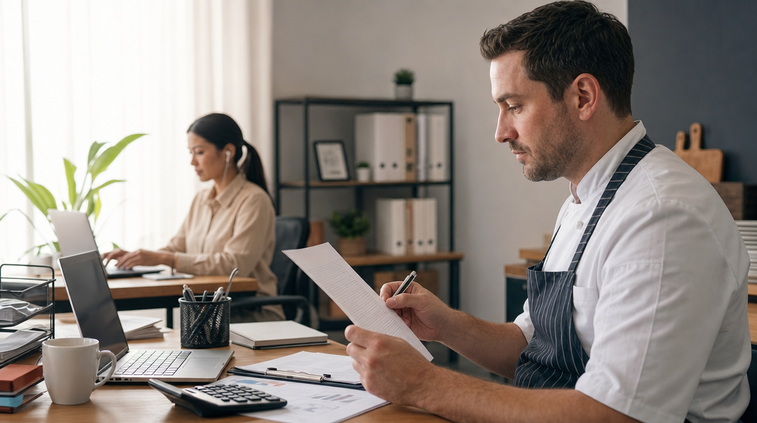 A restaurant owner reviewing paperwork at a back-office desk while a virtual assistant handles scheduling on a laptop screen in the background