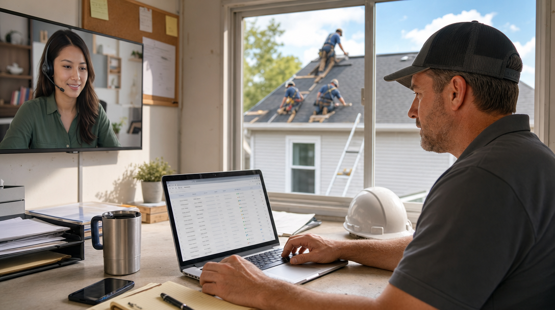 Roofing contractor reviewing leads on a laptop at a job site trailer, with a crew working on a residential roof visible through the window