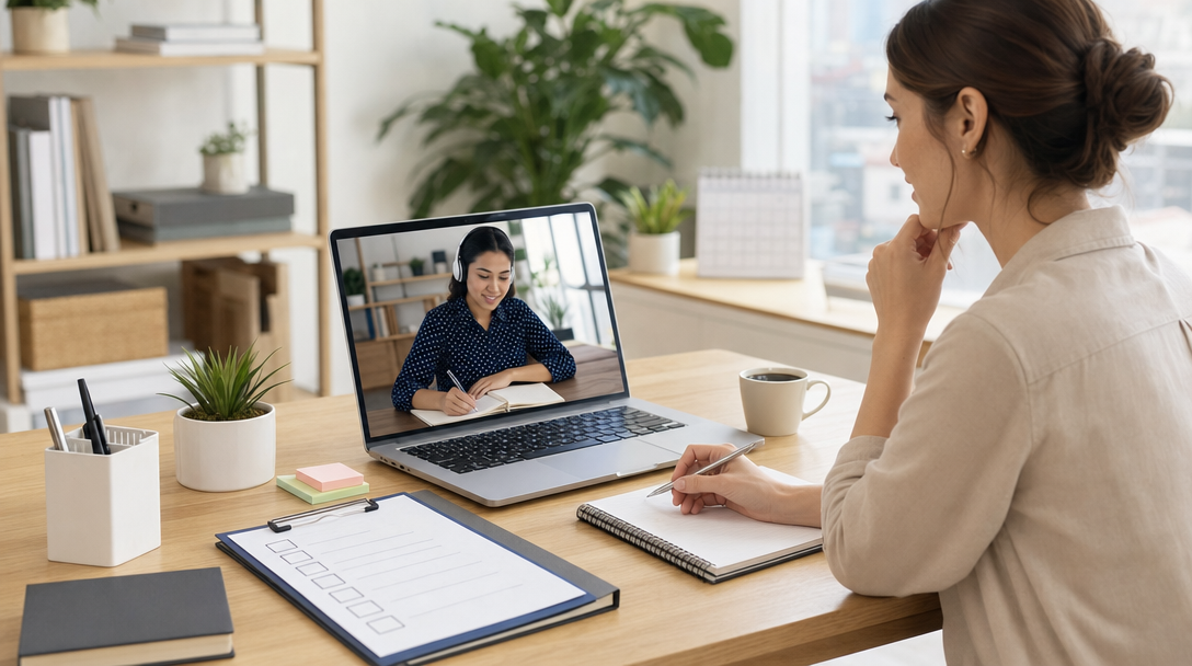 A professional workspace with a laptop, hiring checklist, and offshore VA collaboration cues showing the virtual assistant hiring process.