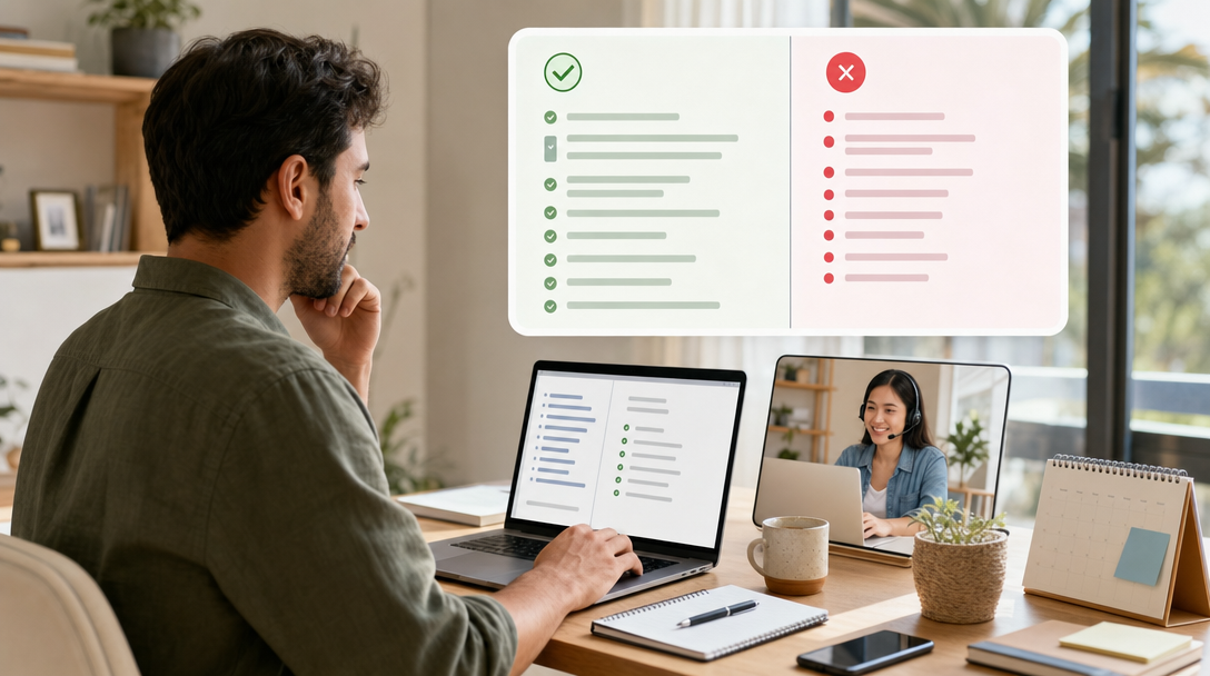 A founder at a laptop writing a virtual assistant job description with a split screen showing a well-structured post versus a vague, poorly-written one