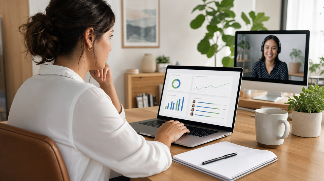 Agency owner reviewing a virtual assistant performance dashboard on a laptop, showing task completion metrics and weekly review notes in a modern home office