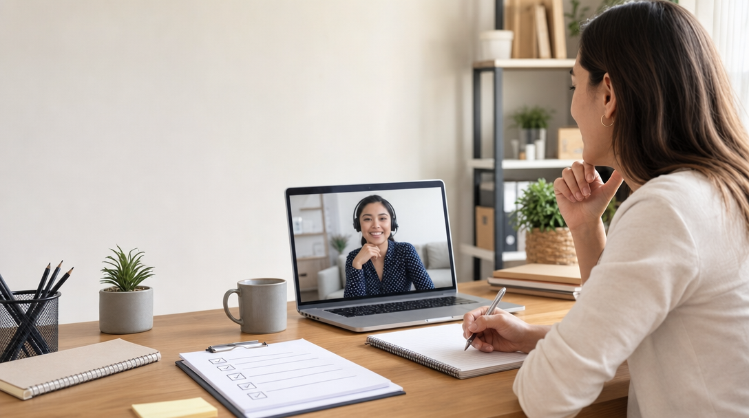 A founder's desk with a retention checklist, coffee mug, and laptop showing a long-running video call with a trusted remote virtual assistant