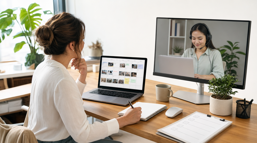 A small business owner reviewing a social media content calendar on a laptop with a virtual assistant working remotely on a second screen — delegating social media management tasks offshore