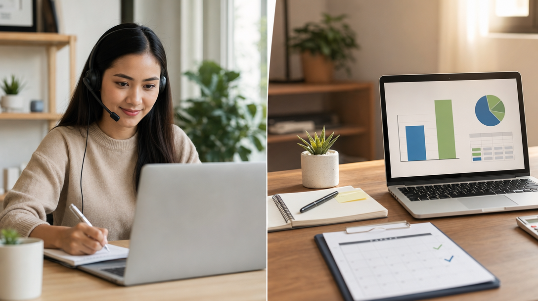 Split-screen workspace showing a virtual assistant working remotely on a laptop alongside a cost comparison chart, warm editorial lighting