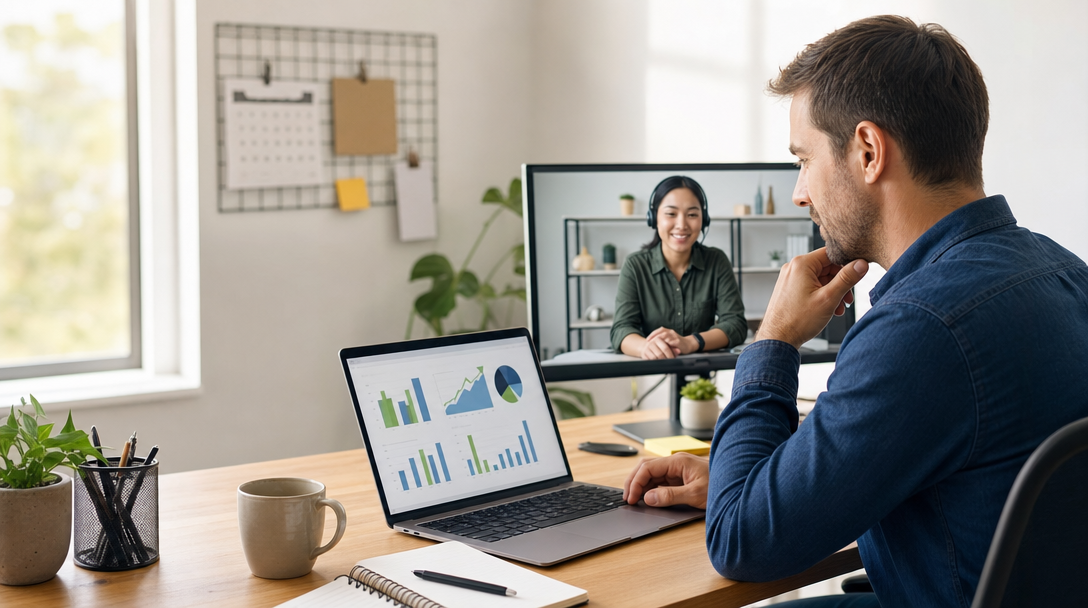 A small business owner reviewing financial numbers on a laptop at their desk, comparing hiring costs with offshore virtual assistant savings