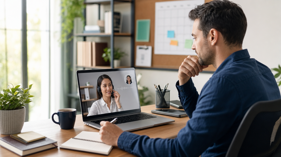 Small business owner at a desk reviewing call management options on a laptop